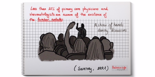 Non-Fibrositic lumbar subcutaneous nodules: prevalence and clinical significance By R. L. Swezey The Arthritis and Back Pain Center, Santa Monica, California, USA British Journal of Rheumatology 1991:30:376-378 Swezey starts commenting that the fibrositis and myofascial syndromes remained obscure or ignored for many years because of the paucity of objective clinical findings. He states that the only clinically objective finding is the presence of palpable tender nodules and trigger points manifested as tender indurations in muscles. BUT there has been inability to demonstrate any laboratory, electrodiagnostic or radiographic abnormalities. Swezey states that lately there has been emphasis and interest into he soft tissue and musculoskeletal palpation and the called myofascial syndromes, also in the lumbosacral subcutaneous nodules with fibromialgia. Because of these, he thinks it is important to differentiate benign non-specific subcutaneous nodules that are located adjacent to the lumbosacral and iliac crest area next to the tender points. That’s why they made a survey to determinate the presence of the nodules in patients with low back pain and fibromialgia syndrome. 